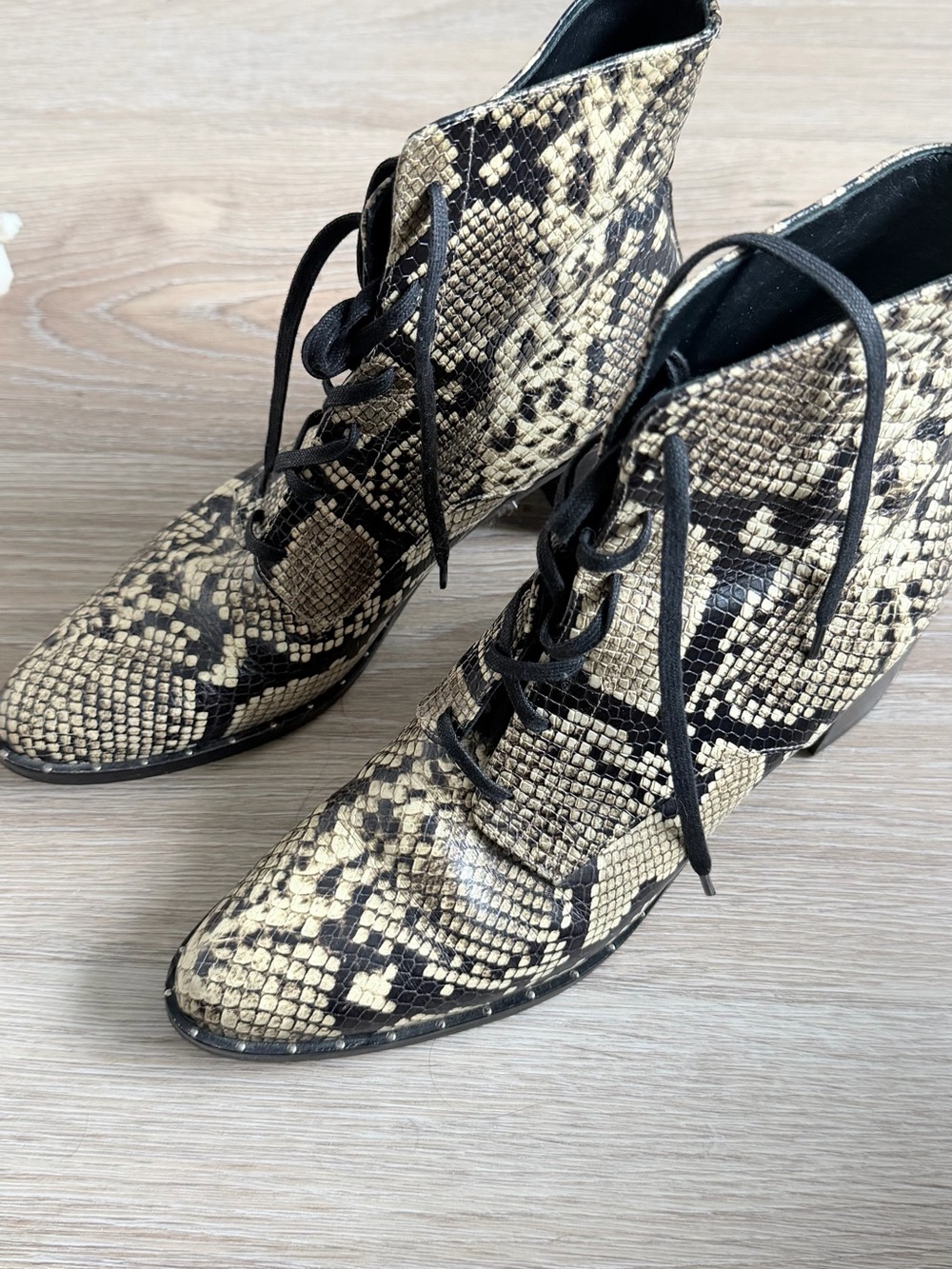 Freda Salvador Black and Cream Snake-Print Lace-Up Ankle Boots